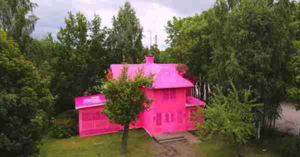 两个明亮的粉红色房子钩编艺术装置
